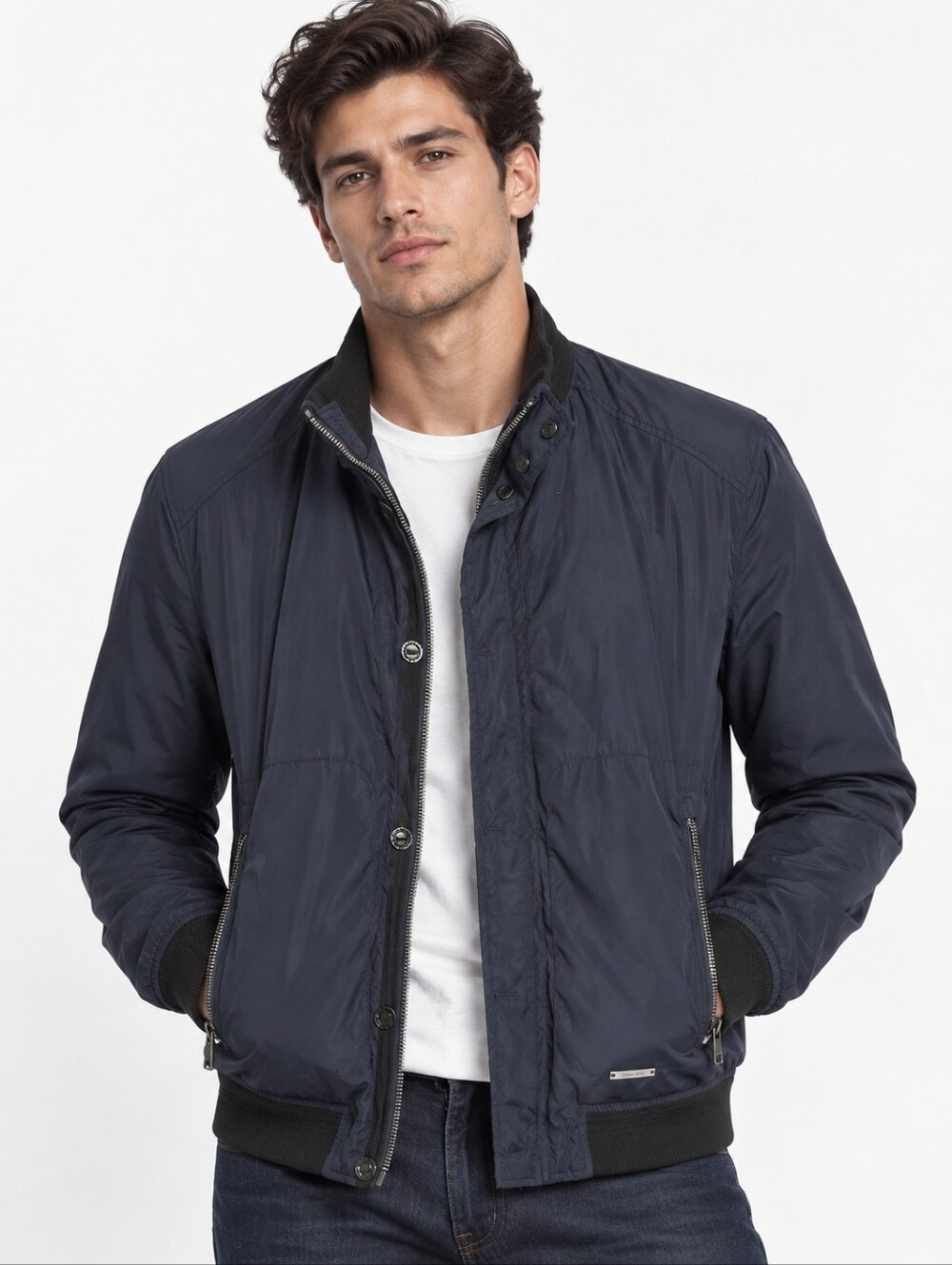 Zara Men's Navy Blue Bomber Jacket Size L